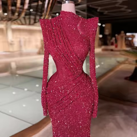 Red Evening Dress Sequin Pleated Lace Long Ball Gowns Long Sleeves High Neck Party Gowns