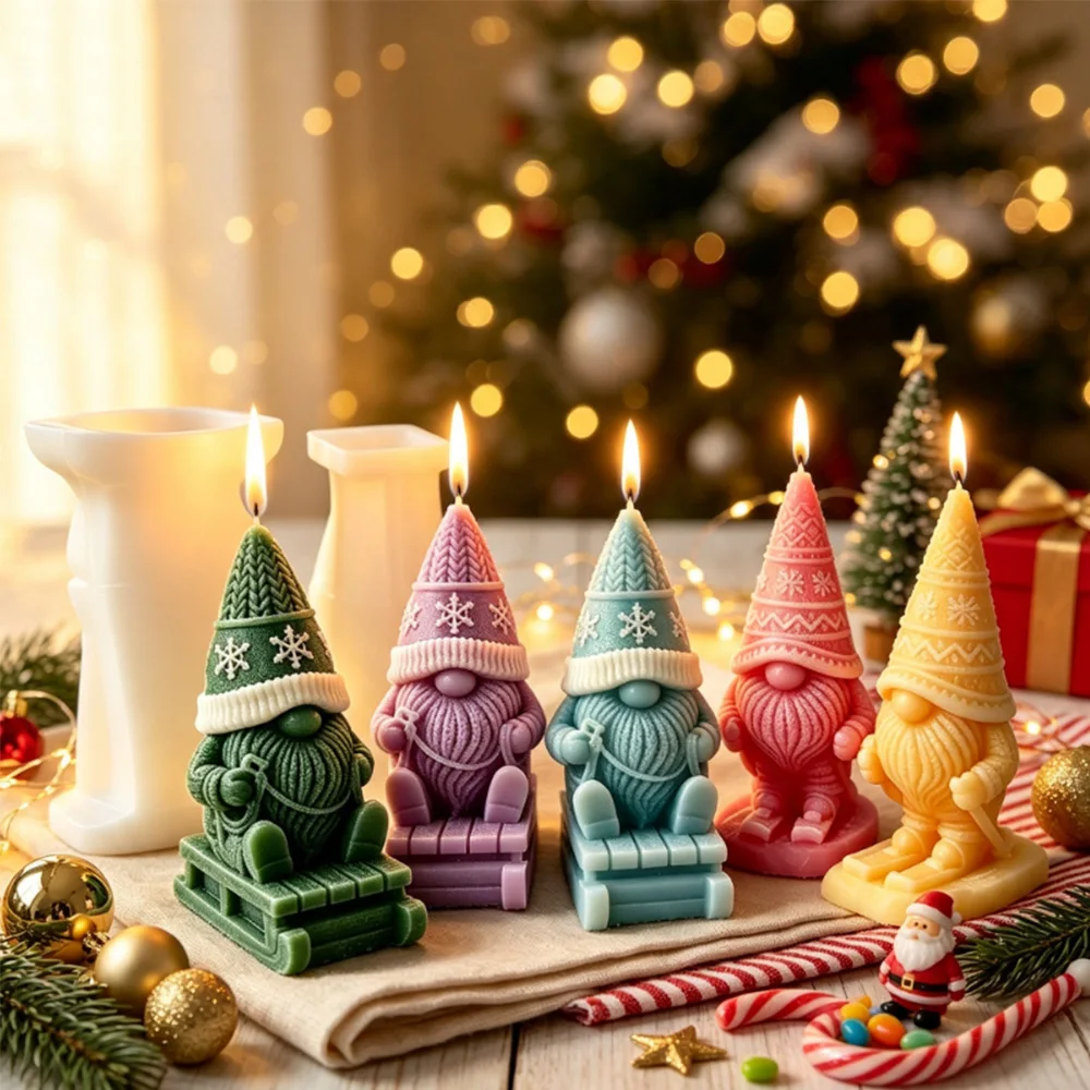 Christmas Ski Goblin Silicone Candle Plaster Mold-3D Winter Dwarf Scented Candle, Plaster, Resin DIY Handmade Mold