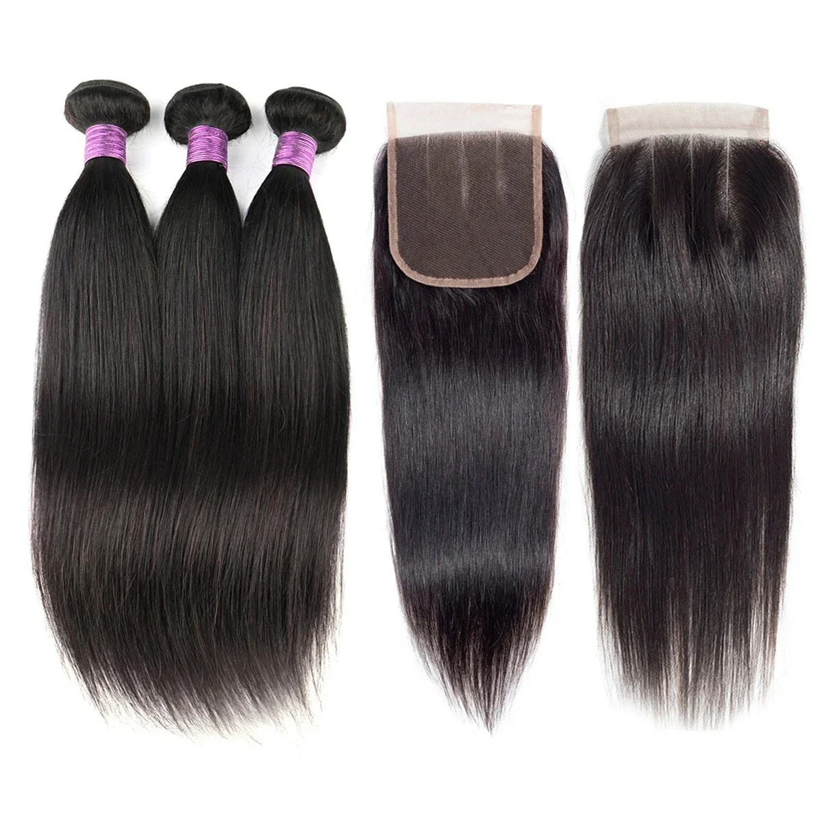 Brazilian Virgin Natural Hair Straight Bundles Weaves 4x4 Lace Closure Straight Human Hair 3 Bundles with Closure Fast Delivery