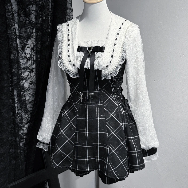 Autunno Nuovo Dolce Abito Carino Set Stile Giapponese SC Rojita Maniche Lunghe Fiocco Colletto di Perle Slim Fit Top Abiti Pantaloncini 2 Pezzi Vestito