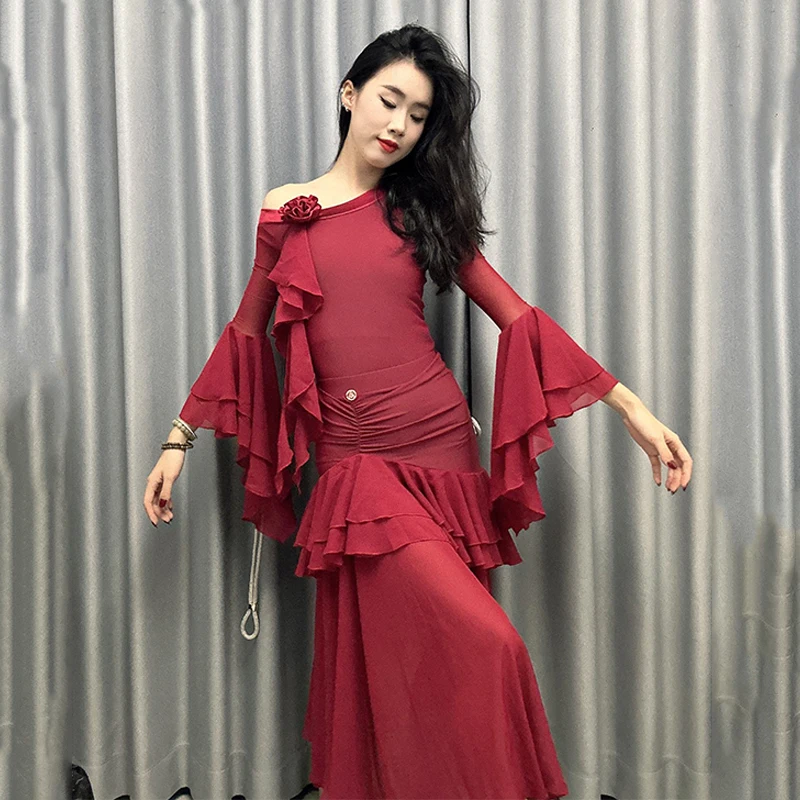 Burgundy Ballroom Dance Clothes Women Practice Wear Waltz Performance Costume Slant Shoulder Tops Skirt Competition Dress L14105