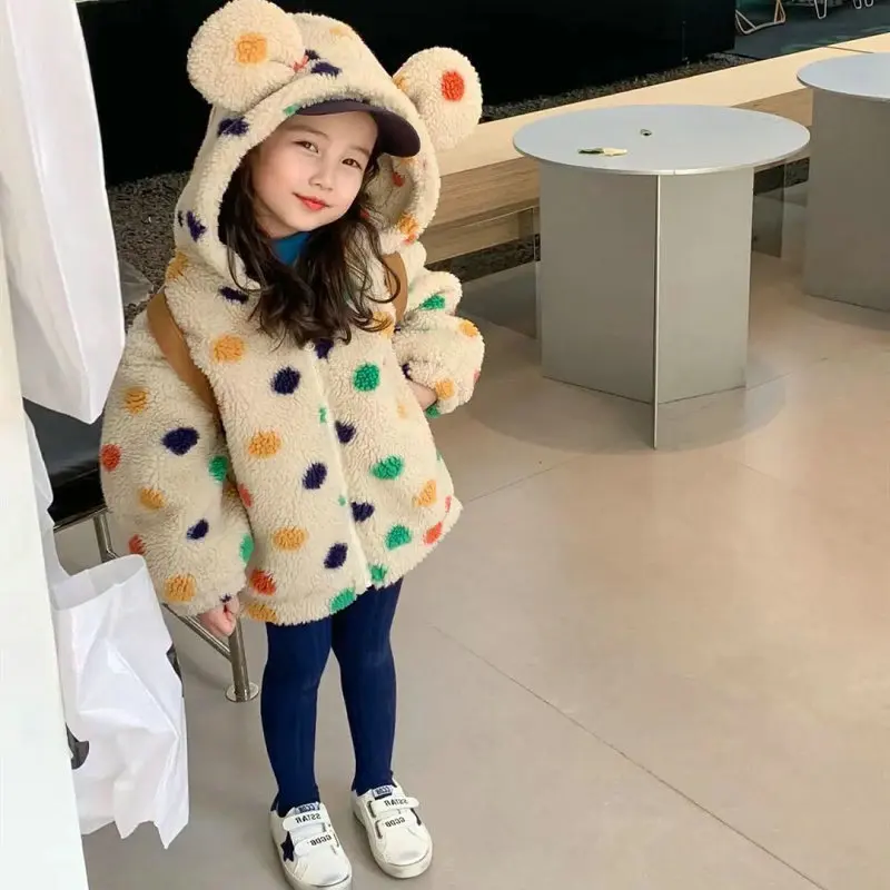 Winter Warm Baby and Girls Dots Cartoon Show Fleece Zip Jackets School Kids Track Coat Children Outfit Tops 2-8 Years