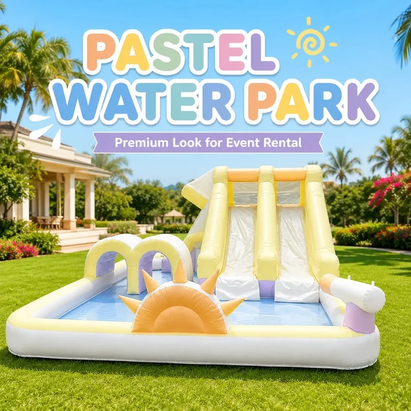 Pastel Kid Play Party Rental Residential Water Theme PVC Inflatable Splash Pad Water Park Slide Bouncy Castle for Backyard Event