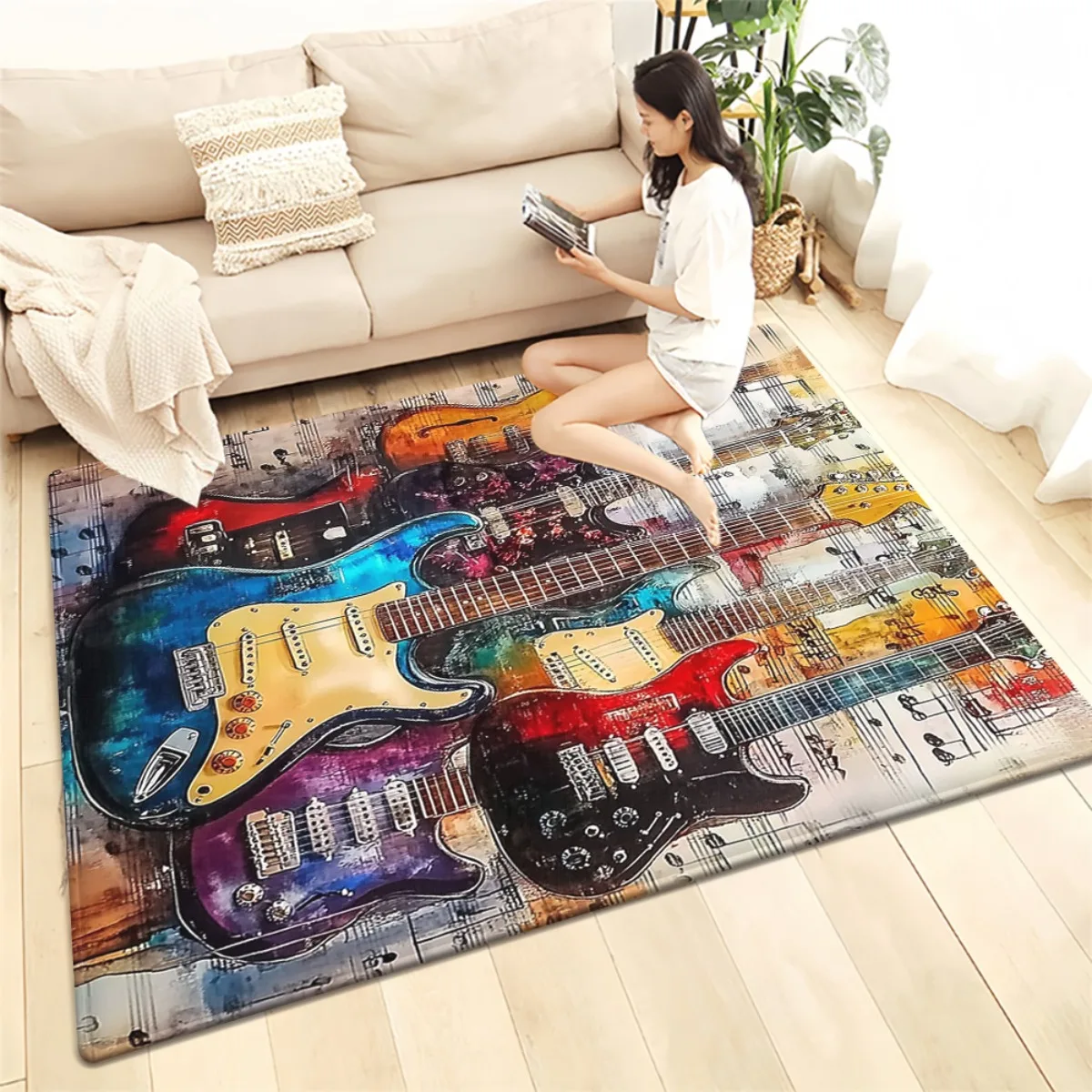 Guitar Music Concert Rug Area Mat Modern Bohemian Living Room Decor Pop Rock Style Gift for Men Women