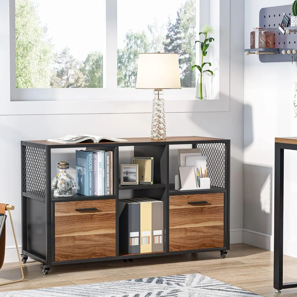 خزائن ملفات خشبية ذات درجين، خزانة ملفات جانبية متنقلة حديثة لحجم الرسالة/A4، حامل طابعة مع أرفف تخزين مفتوحة #3