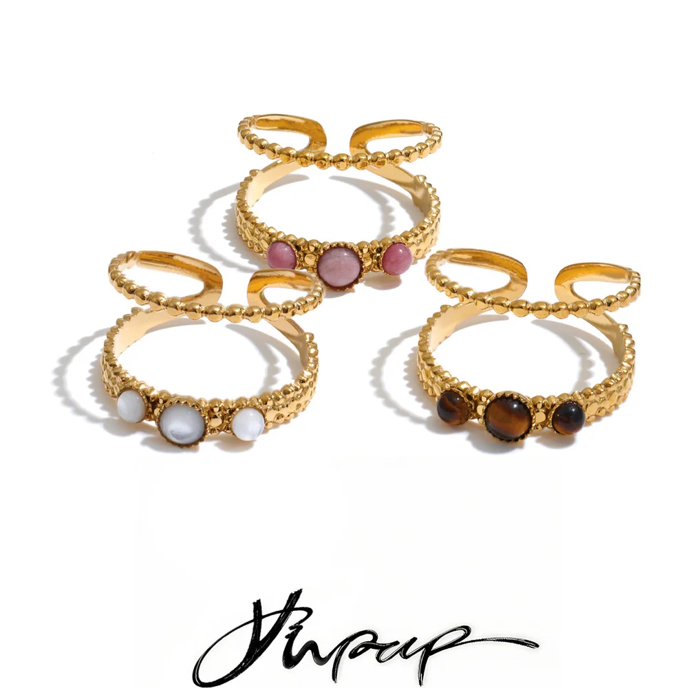 Yhpup 2026 Bague ajustable en acier inoxydable avec rhodochrosite naturelle et coquille de pierre de tigre pour femme – Style tendance, bijou attrayant