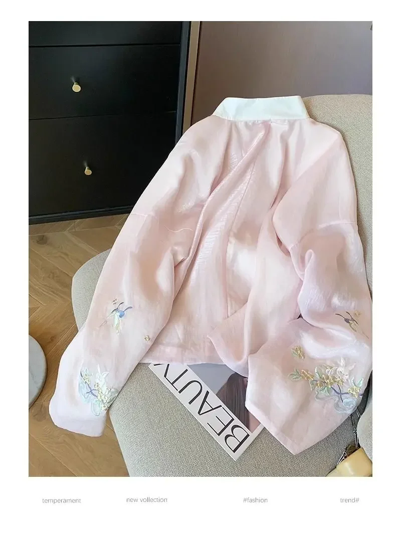 

Новинка 2025 года, женская розовая рубашка в китайском стиле с вышивкой и длинными рукавами, воротником-стойкой, костюм Тан, женская весенняя нежная элегантная блузка