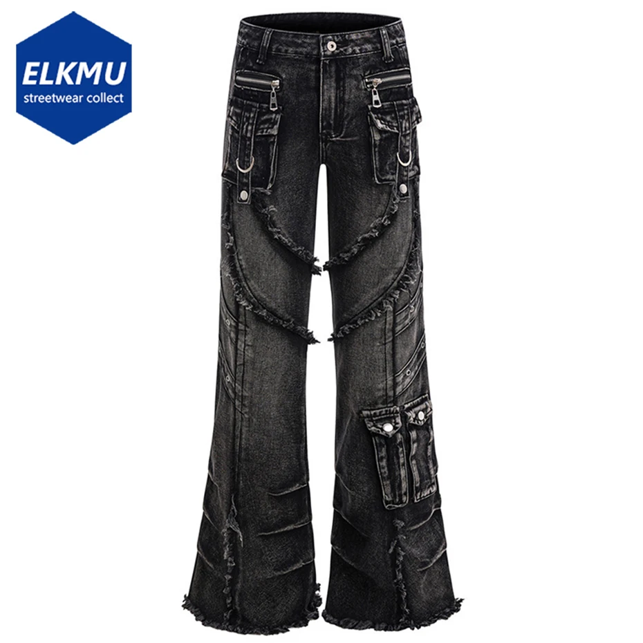 

Vintage Flared Cargo Jeans Tassel Patchwork Pleated Black Baggy Jeans Streetwear Harajuku Hip Hop Jeans Denim Pants