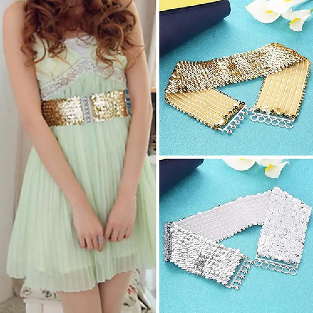 

Women's Cool Punk Sparkling Sequins Elastic Stretch Wide Waistband Waist Belt