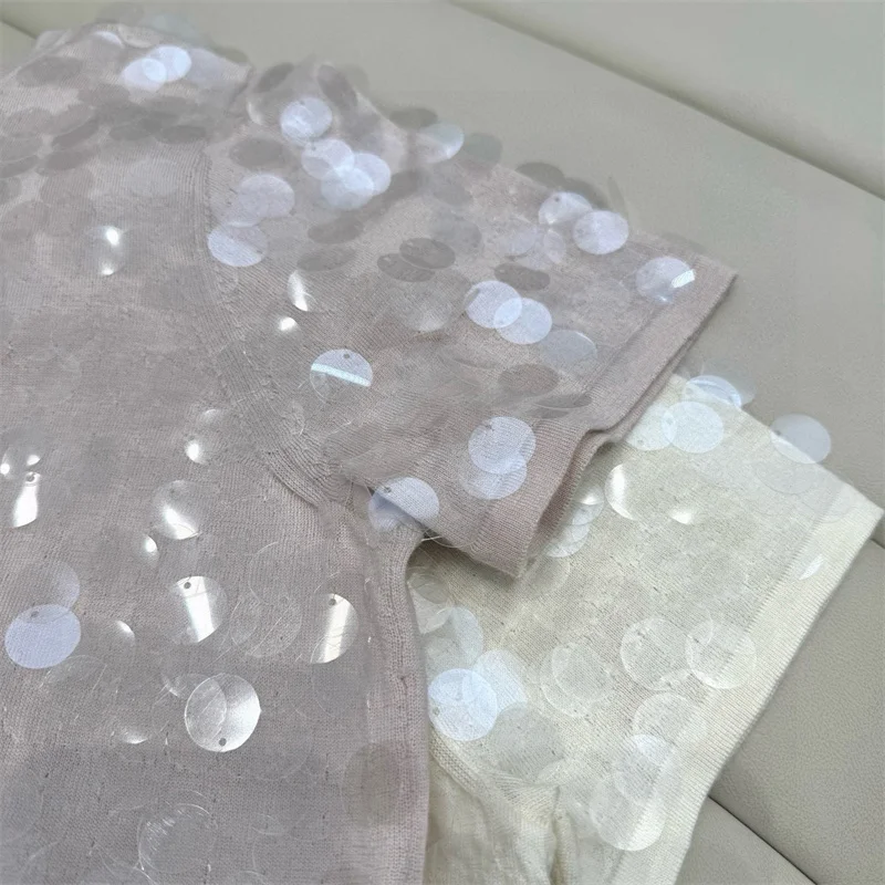 Bild 7: Damenpullover 2026 Frühling Neu Elastisch Gestrickt Figurbetont Kurzarm-Oberteil Wollmischung Pullover mit Pailletten-Dekoration Damen-T-Shirt