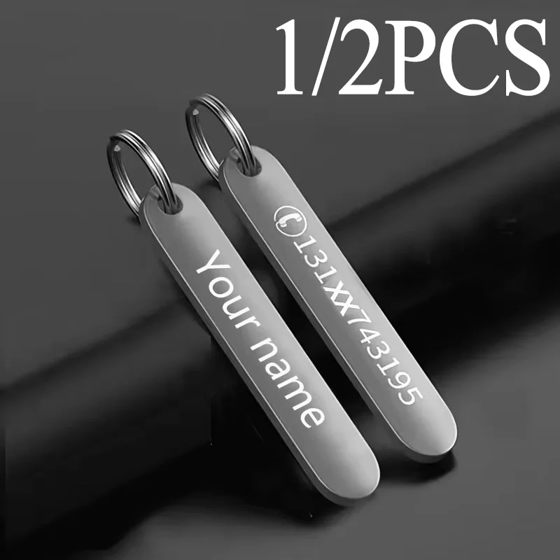 Porte-clés personnalisé en acier inoxydable, gravure au laser du nom, étiquette de téléphone à la mode, cadeau idéal et durable pour hommes et femmes, 1/2 pièces