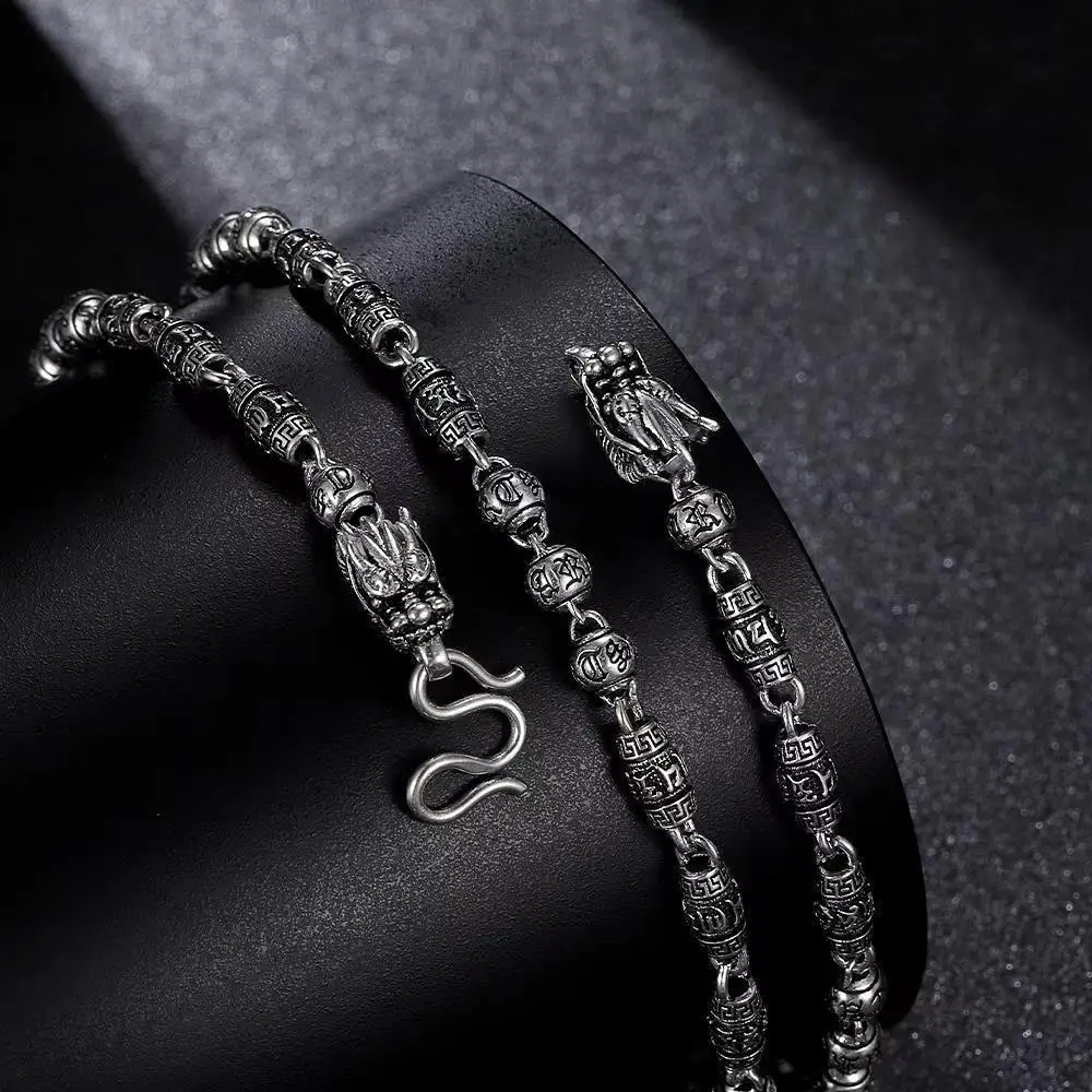 Men's 925 Sterling Silver Necklace Domineering Mantra Double Dragon Head Chain Domineering Holiday Anniversary Gift