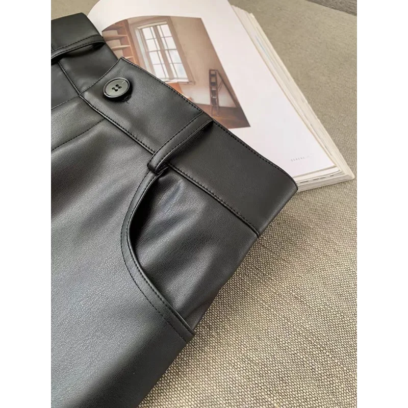 Pantalon en cuir PU noir pour femme, ample et droit, taille haute, décontracté, à neuf points, automne hiver