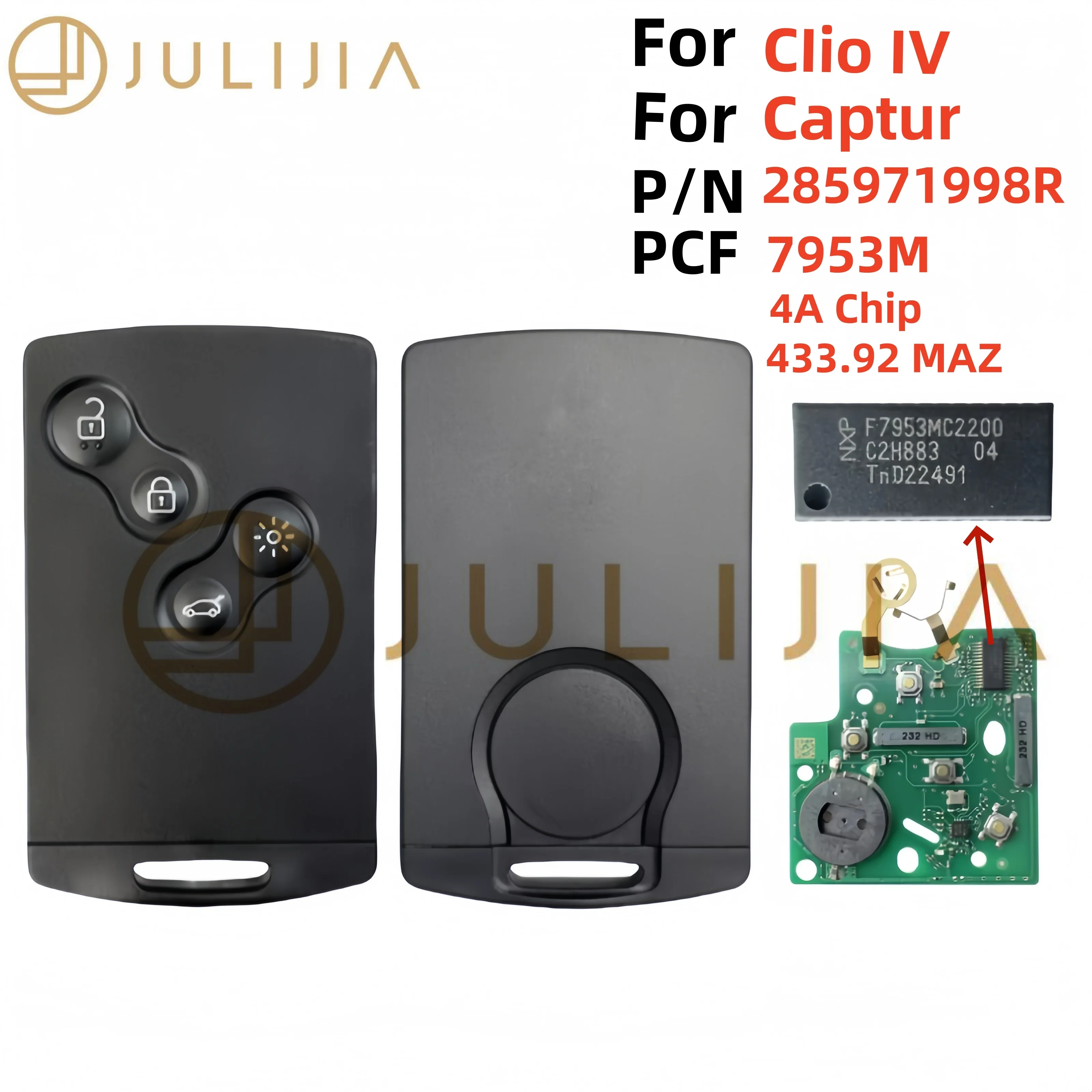 JULIJIA 285971998R Keyless Smart Key 4A Chip 433 MHZ For 2009 2010 2011 2012 2013 2014 2015 2017 Renault Clio IV Captur