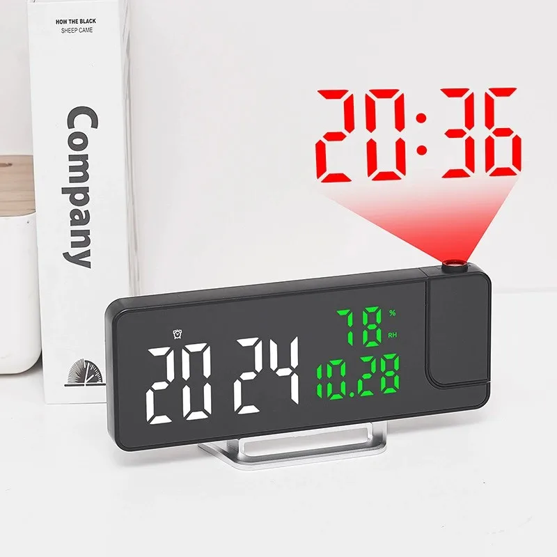 Large Screen Projection Clock, Brightness Adjustment 270 Degree Rotation Temperature And Humidity Display 12/24 Hour Table Clock