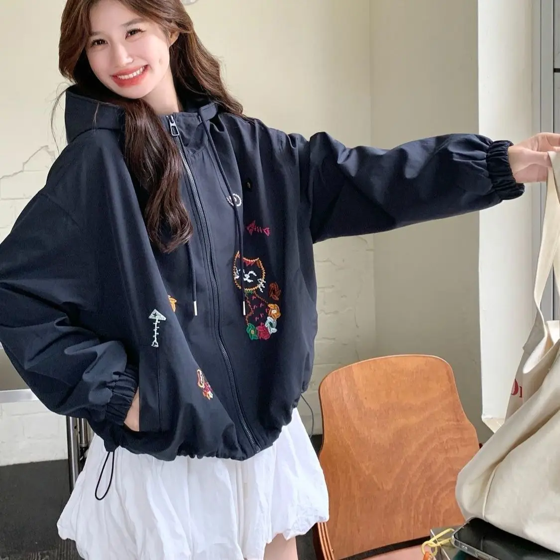 Women’s Navy Blue Embroidered Hooded Short Jacket Spring Fall Loose Fit Petite-Friendly, Campus Style Casual Bomber Coat Top