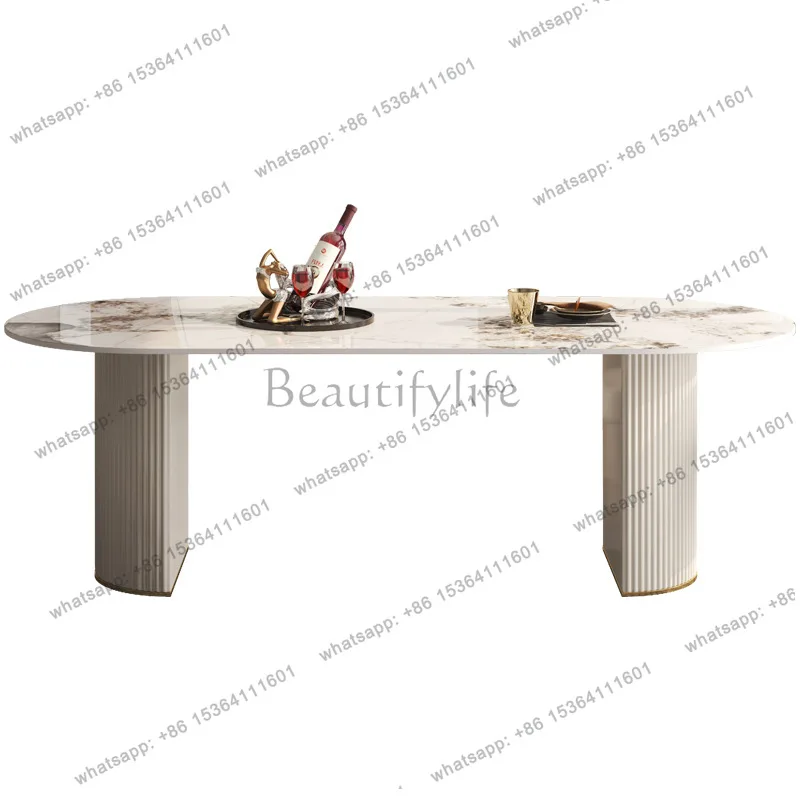 

Italian light luxury rock slab dining table for home use Nordic modern simple dining table rectangular semicircle