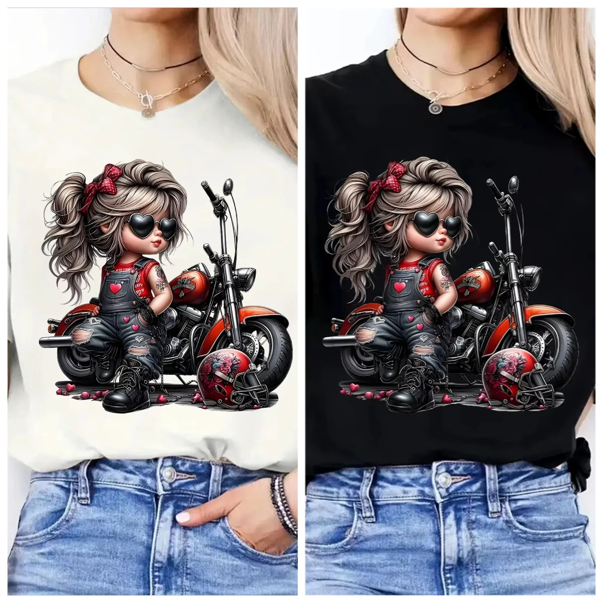 

Летом 2025 года: мужские и женские повседневные праздничные футболки с круглым вырезом и принтом из чистого хлопка с мотоциклетным рисунком.