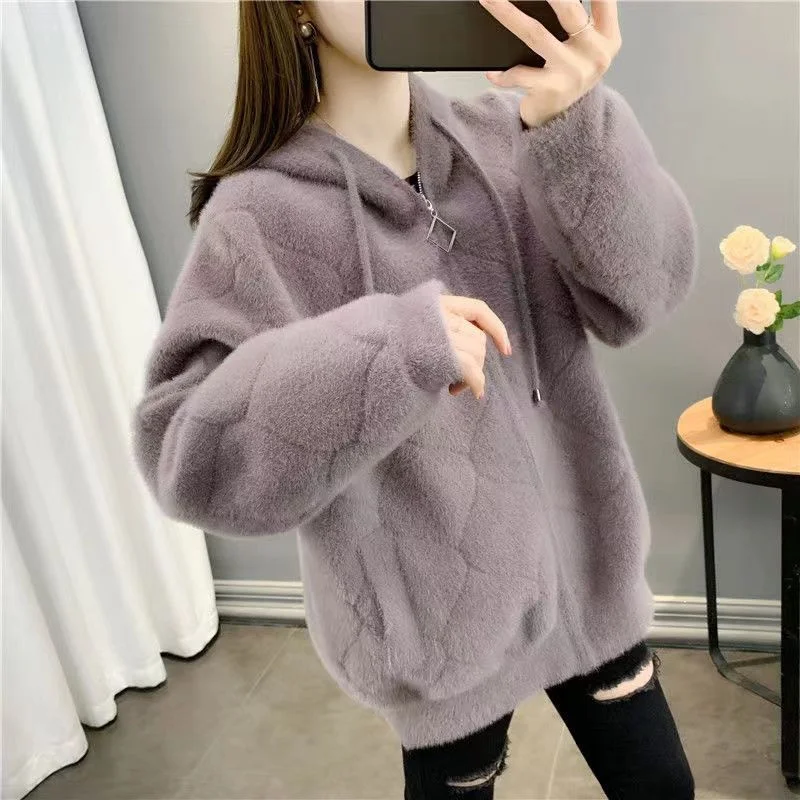 New 2024 Autumn Winter Fashion LooseThickened Hooded Imitation mink Velvet Jacket Women Knitted Cardigan Female Tops Outerwear