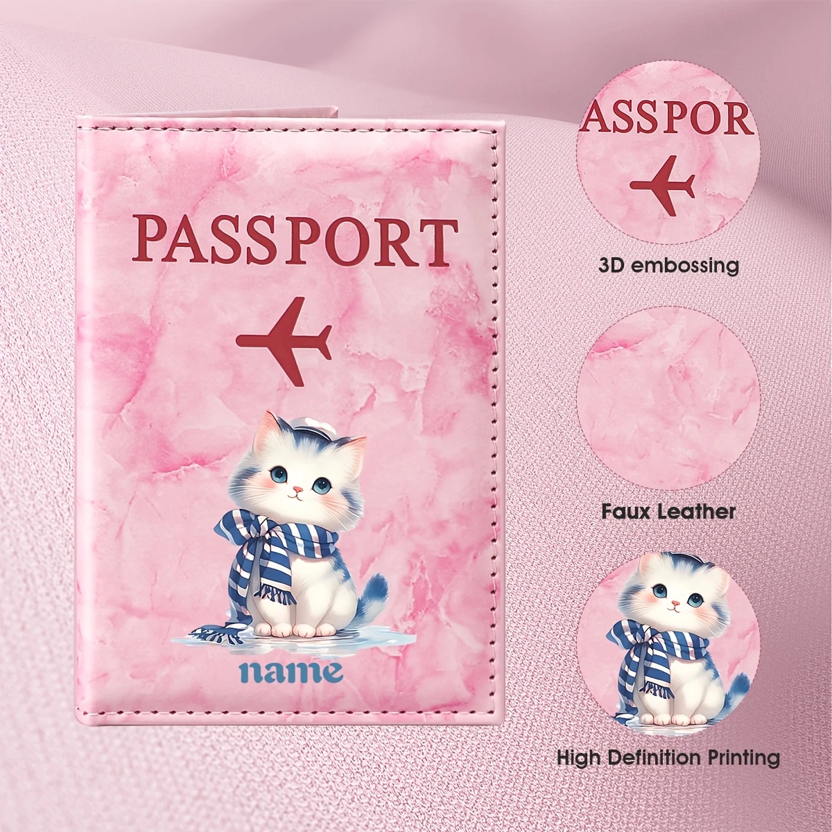 Custom Name Cute Cat Illustration PU Passport Holder, Warm And Adorable Style with a Blue And White Striped Scarf Cat Pattern