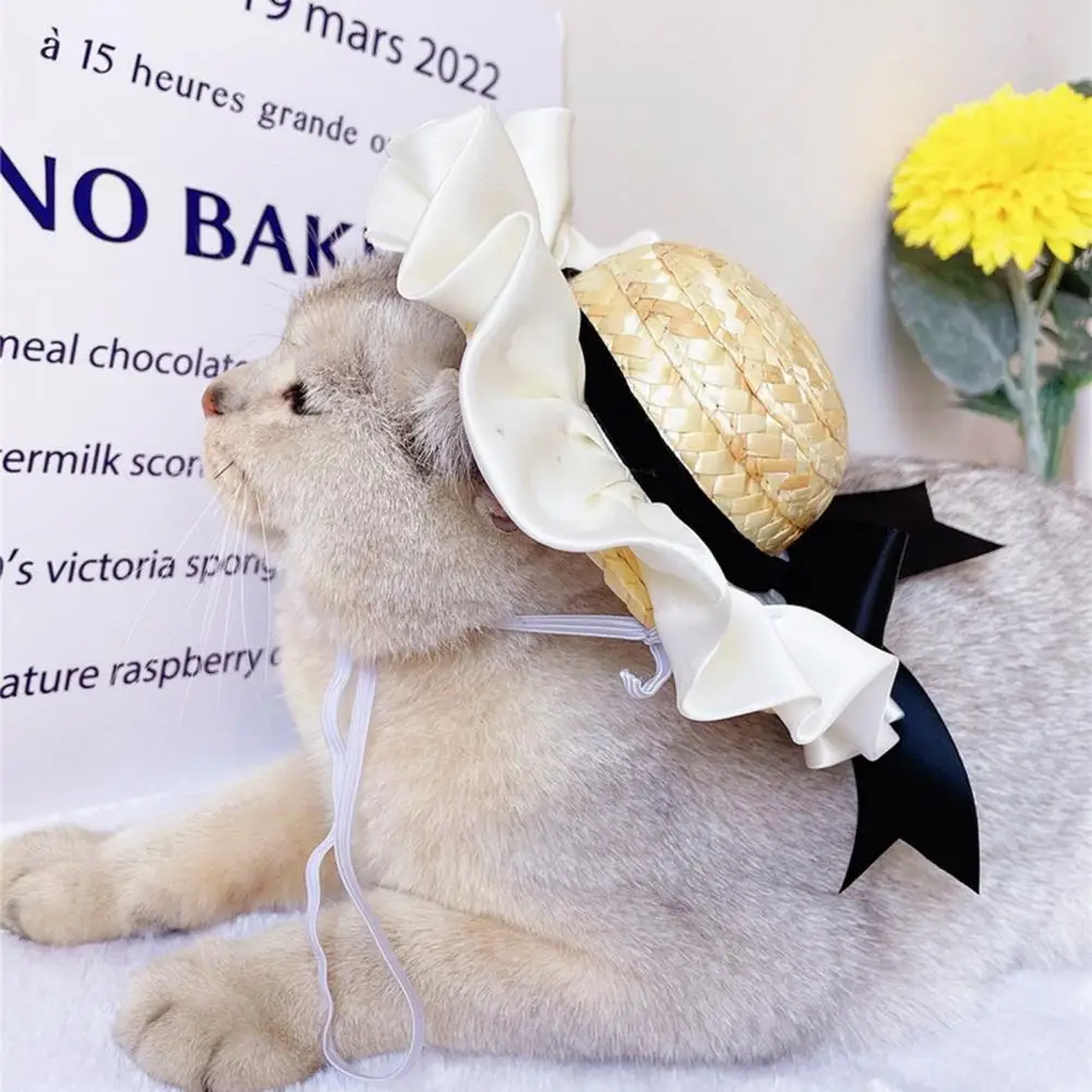 

Cat Hat Pet Headgear Comfortable Elegant Ruffled Edge Camellia Flower Hat Cat Dog Bowknot Sun Straw Hat Pet Accessories