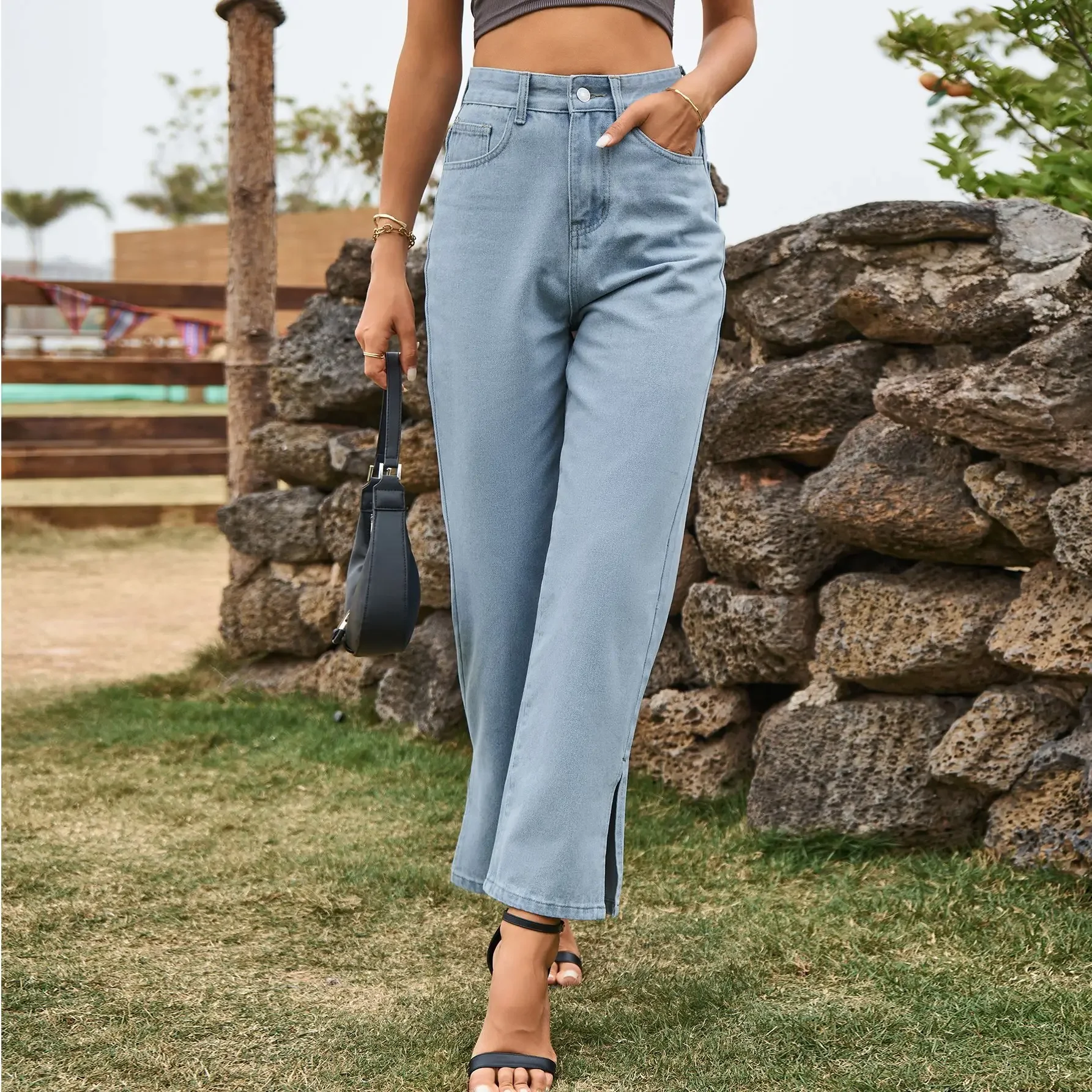 

Jeans Washed Straight Pants Women Mid Waist Vintage Pockets Button Zipper Fly Denim Ankle Length Trousers Casual Split Denims