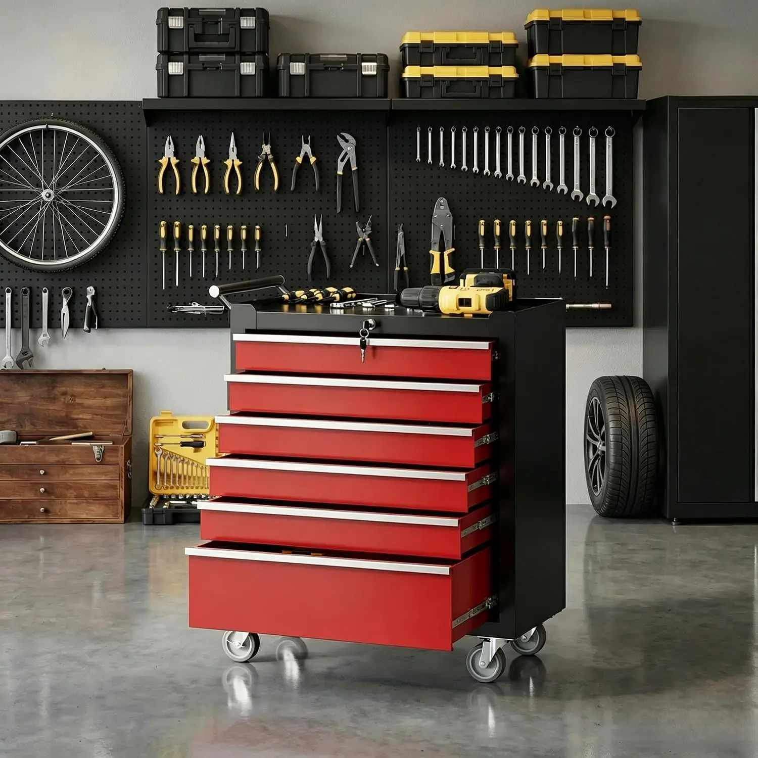 Rolling Tool Chest with 6 Drawers – Lockable Storage Cabinet on Wheels, Portable Tool Organizer with Drawer Liners for Garage & Workshop (Black & Red)