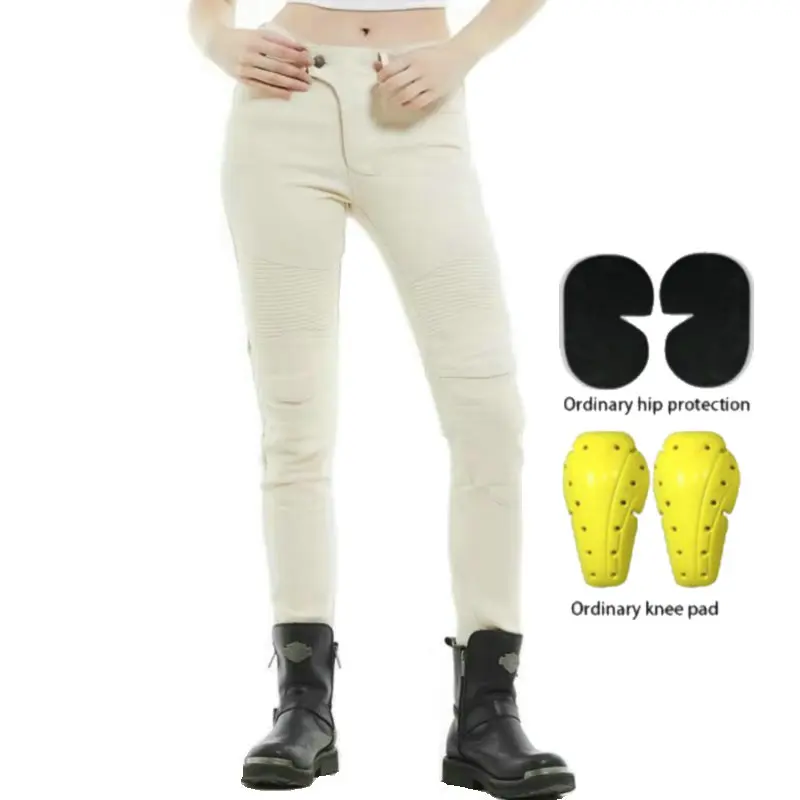 Volero Motorcycle Protective Riding Pants Female Motocross Knight Cycling Protection Jeans Loose Straight Trousers Rice White