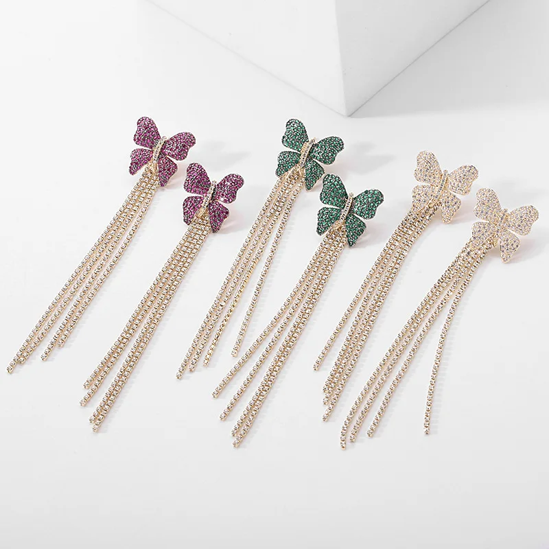 Heavy Industry High End Micro Inlaid Zirconium Two Tone Temperament Long Earrings With Silver Needle And Butterfly Tassel Earrin