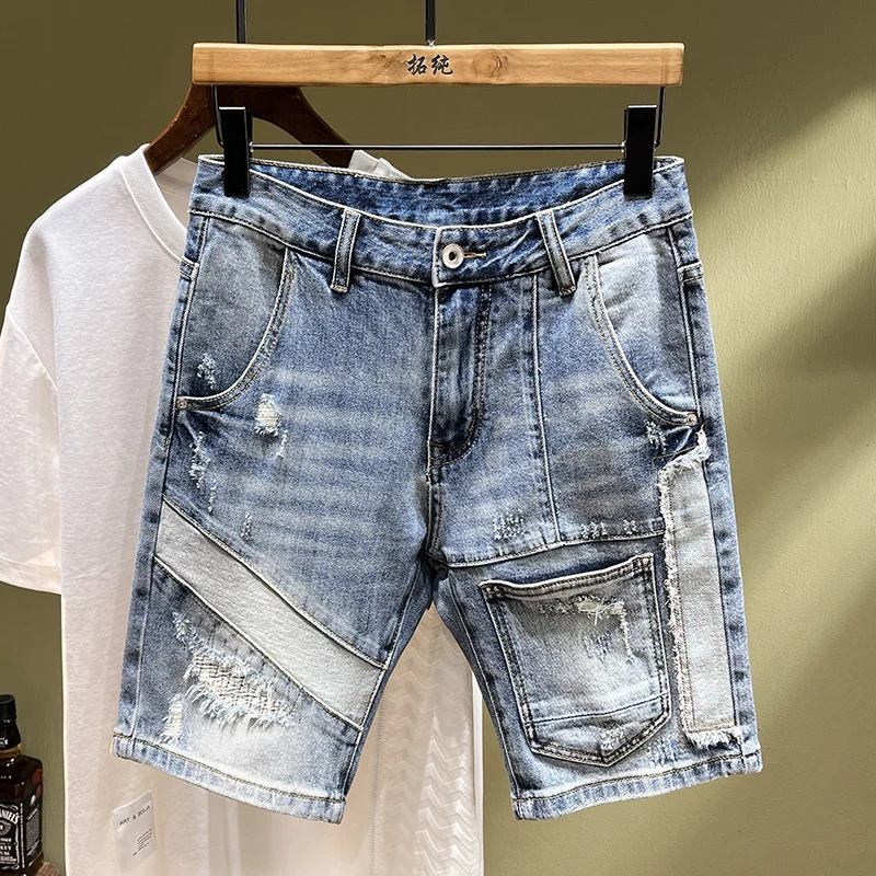 

TC2937 Washed light blue high-end trend jeans broken holes men's tide splicing elastic Slim shorts