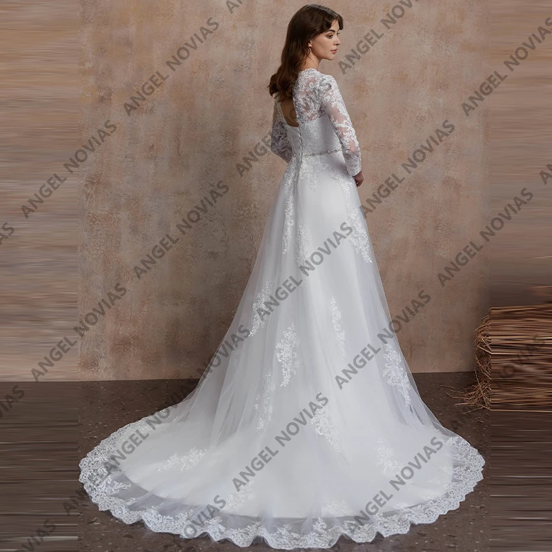 Angel Novias image réelle manches longues robes de mariée blanches décolleté en V dentelle Appliques robes de mariée Vintage vestidos de novia