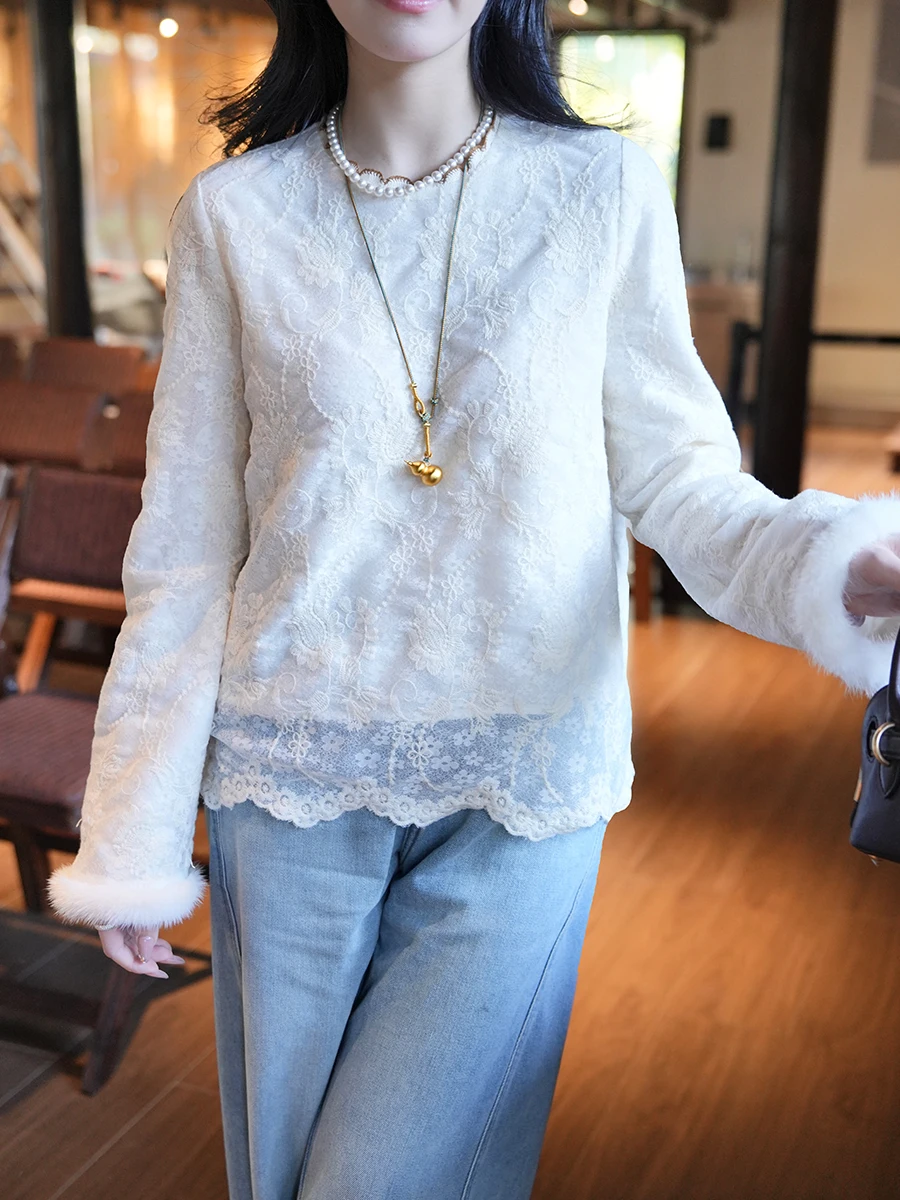 

Luoyu Seasonal Water Soluble Lace Moonlight Silk Full Lined Mink Sve Cuff Inner Wear Top Women's Traditional Chin...