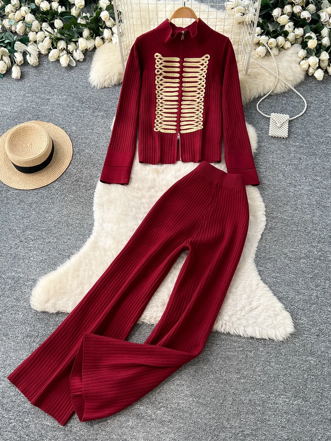 Women's Commute Style Half-Zip Knitted Open Cardigan Wide Leg Pants Two-Piece Set Autumn High-End Metal Buckle Versatile Suit