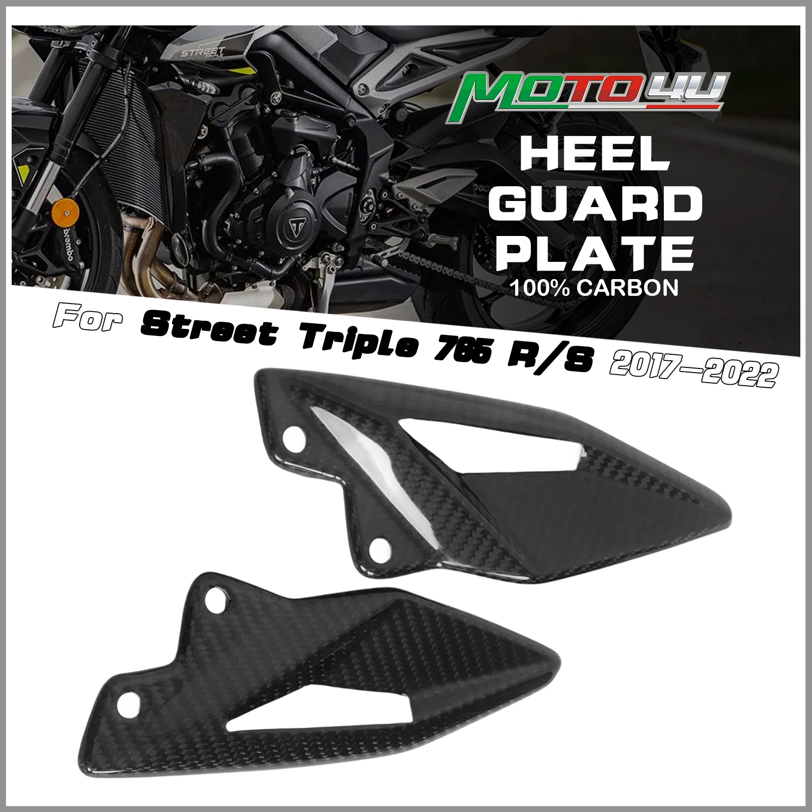 Plaques de talon en Fiber de carbone pour Triumph Street Triple 765 R, S 2017 2018 2019 2020 2021 2022 100%, plaque de protection du talon de moto