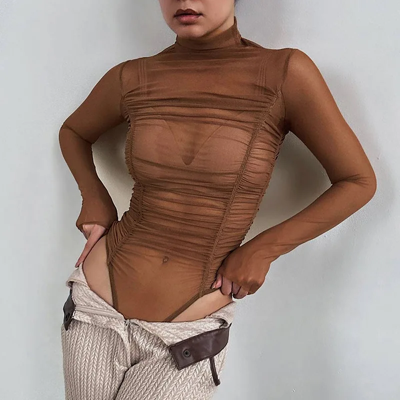 Herfst 2023, mesh-slanke bodysuit met lange mouwen voor dames, doorzichtige zwartbruine grijze bodysuits