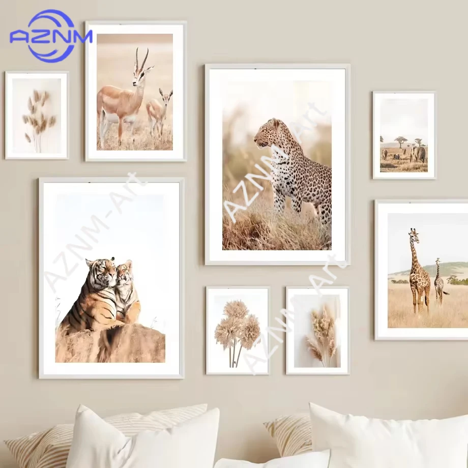 1 Stück Beige Palmenblätter Schilfgräser Giraffe Antilope Wandkunst Leinwanddruck Nordisches Poster Wohnzimmerdekoration Ästhetische Bilder