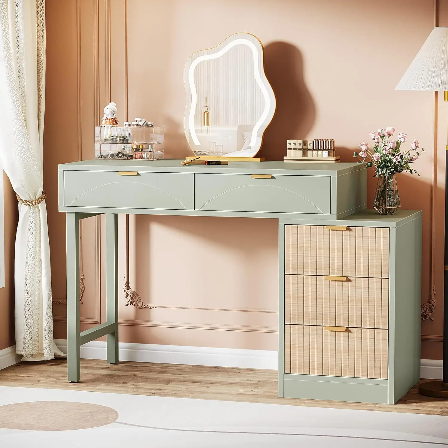 Makeup Vanity Desk with 5 Drawers, Modern Small Dressing Desk with Storage, Wood Make Up Table for Bedroom, Narrow, Customized