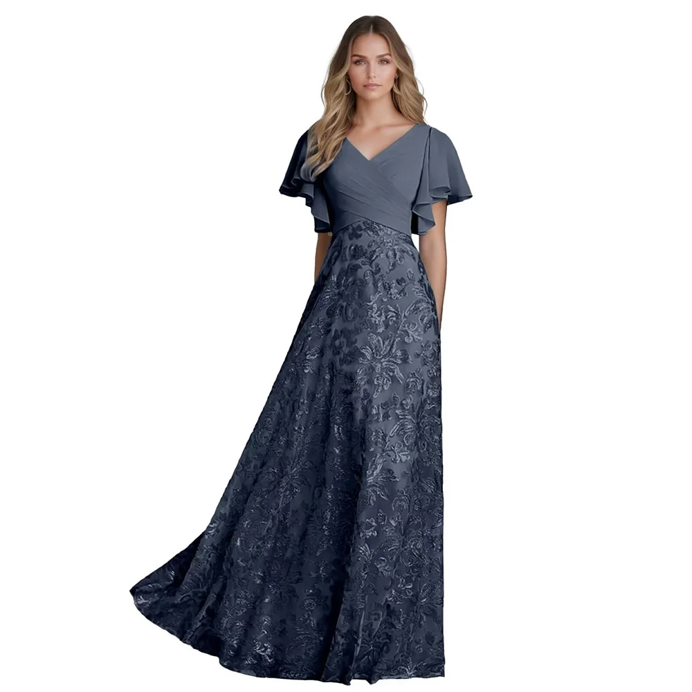 

Customized Elegant Chiffon Mother of The Bride Dresses for Women V NeckApplique Formal Dress Short Sleeve Wedding Guest Dress