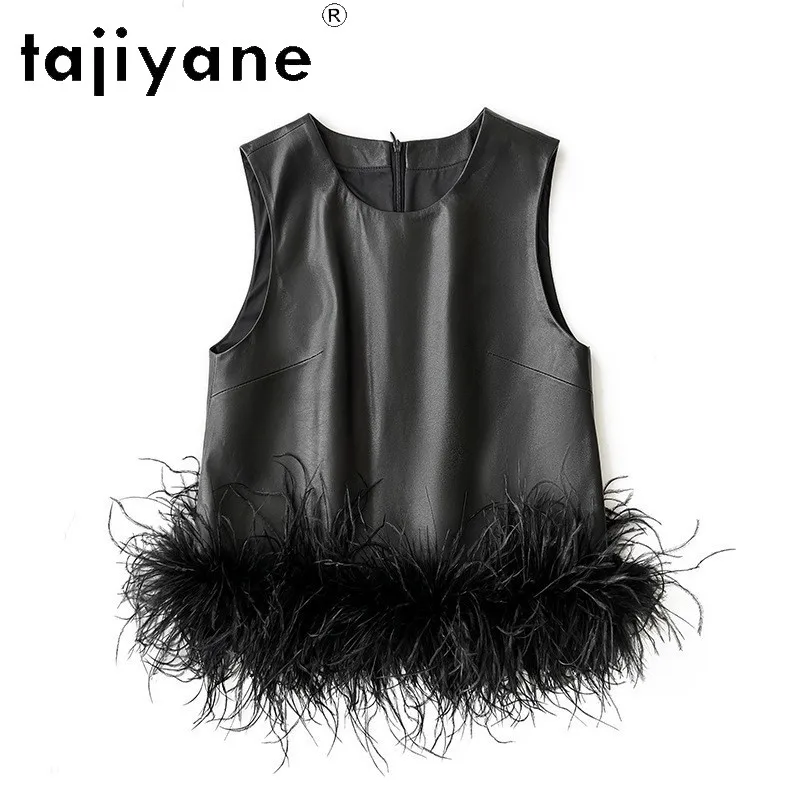 TAJIYANE Genuine Leather Women's Matching Sets Real Ostrich Feather Trim Vest & Skirt Vegetable Tanned Sheepskin 2 Piece Sets