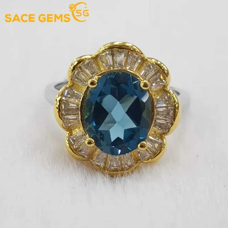 

SACEGEMS 925 Sterling Silver 4*6mm Natual London Blue Topaz Luxury Rings for Women Created Wedding Engagement Party Fine Jewelry