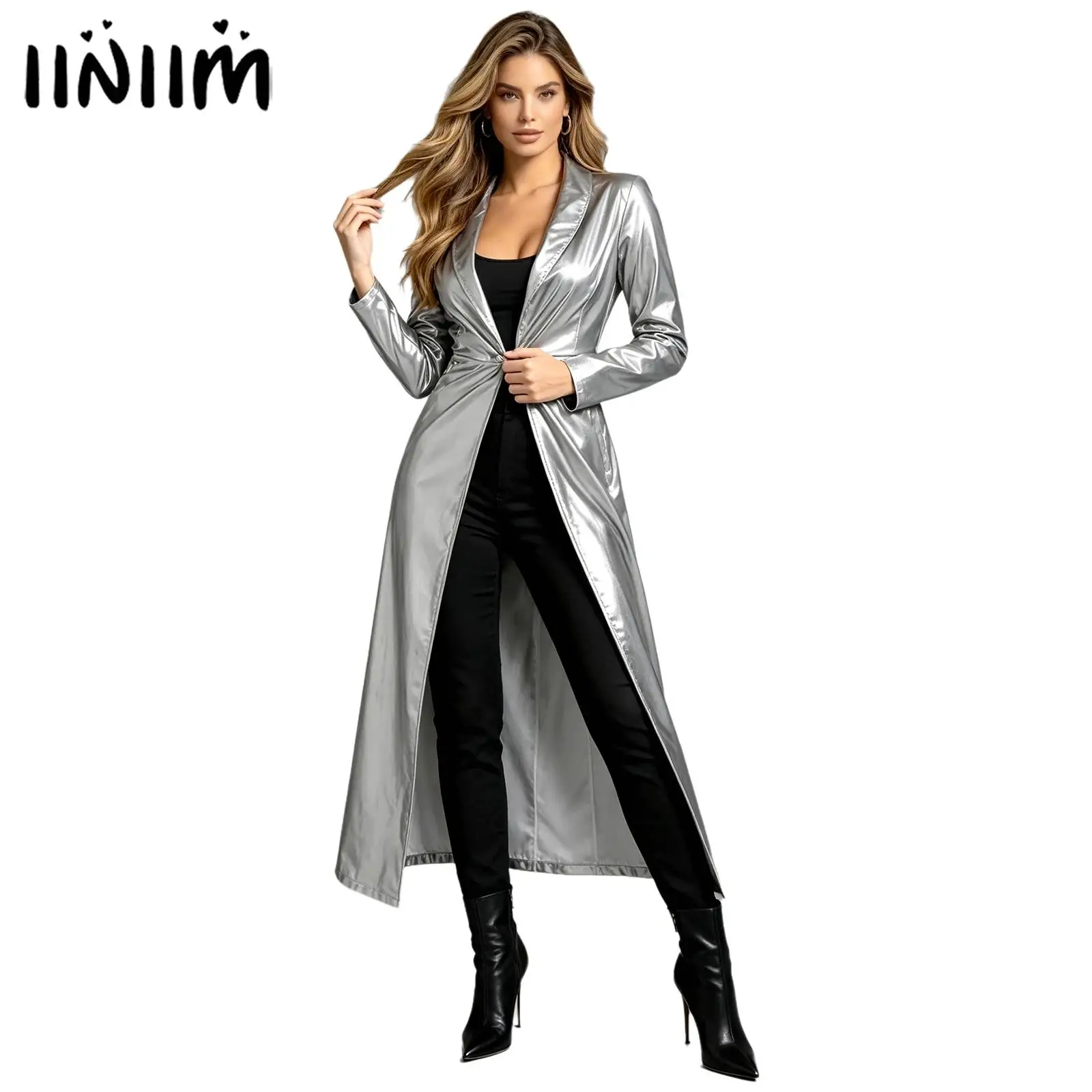Women Shiny Iridescent Long Outer Coat Lapel Collar Long Sleeve Single‑Button Maxi Jacket Tops Halloween Party Cosplay Outfit