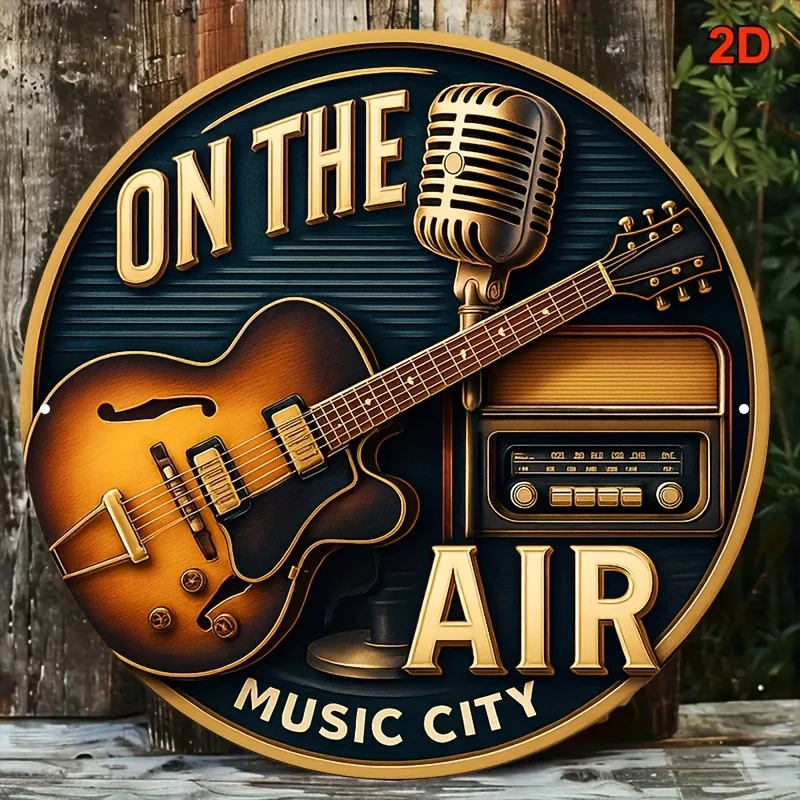 Placa Decorativa Redonda Vintage de Guitarra de Jazz y Radio, Plana 2D, 1 Pieza - Letrero de Aluminio de 20x20cm, Tema Musical de la Ciudad con la frase 'On the Air'