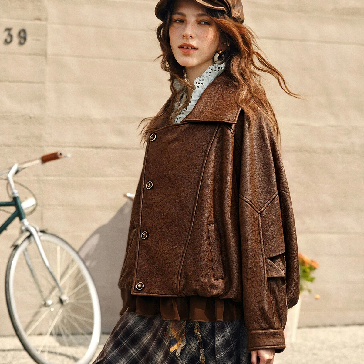 OLrain Maillard Style Faux Leather Coat for Woman 2026 Autumn New Loose Casual Jackets Single Breasted Short Coats GO57DW002051