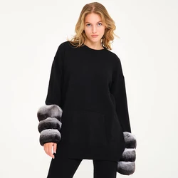 Women Chinchilla Fur Cuff Sweater Cashmere Cardigan Women's Woolen Winter Coat KNIT Sweater Rabbit Cuffs Best Selling Female