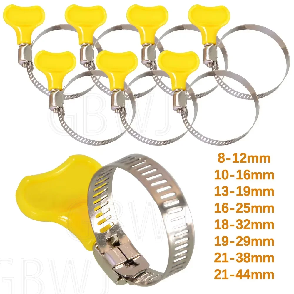 

Adjustable Stainless Steel Clamps Twist Fastener Tube Pipe Clips Worm Driving Car Fuel Oil Water Hose Yellow Plastic Handle Hand