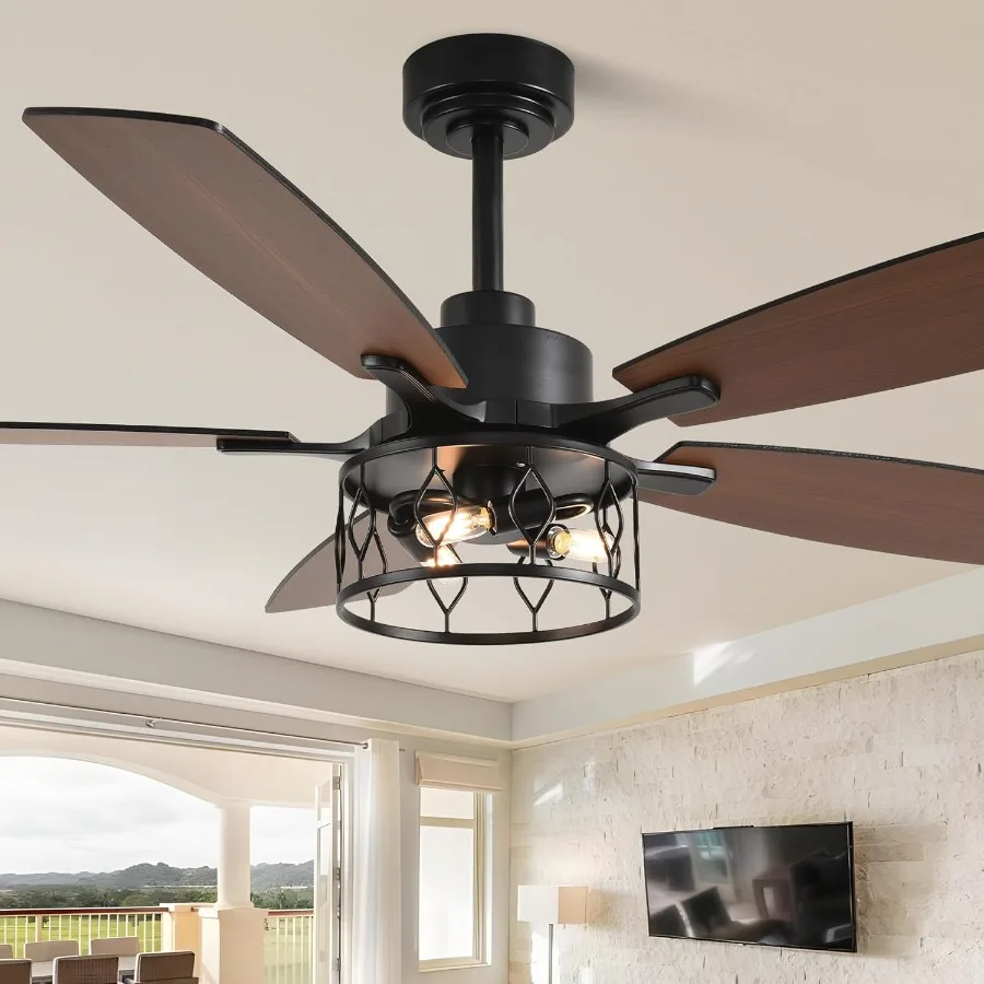 

52'' Caged Ceiling Fan with Integrated Light and Remote Control Reversible DC Motor for Energy Efficiency 5 Double-Color Blades