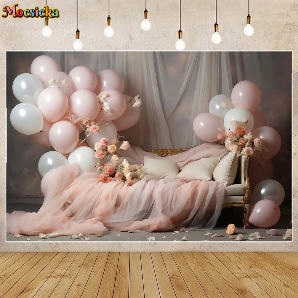 

Mocsicka Newborn Photography Background Pink and White Balloon Flowers Sofa Girl Portrait Backdrop Photo Studio Photoshoot Props