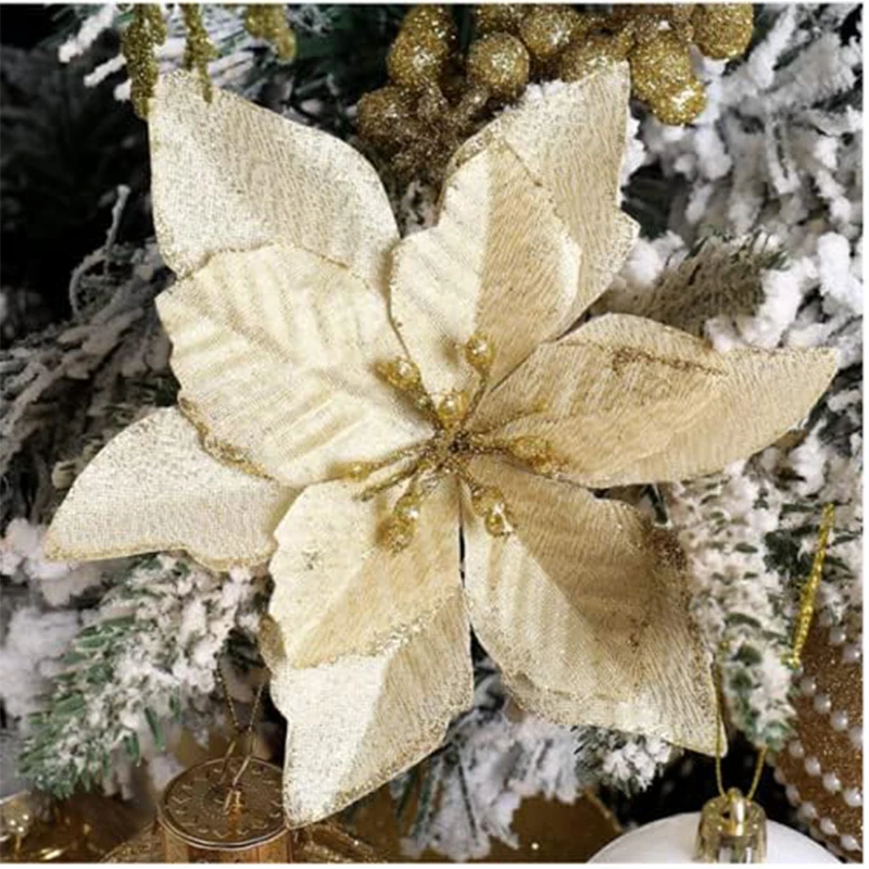 1/5/10Pcs 13cm Glitter Christmas Flowers Artificial Poinsettia Flower Head Xmas Tree Ornament Home Decoration Navidad new year