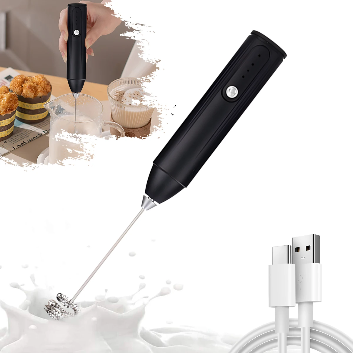 Batedor Elétrico Portátil para Leite 300mAh com 3 Velocidades Ajustáveis, Ideal para Café, Leite e Acessórios de Cozinha, Batedor de Ovos Portátil