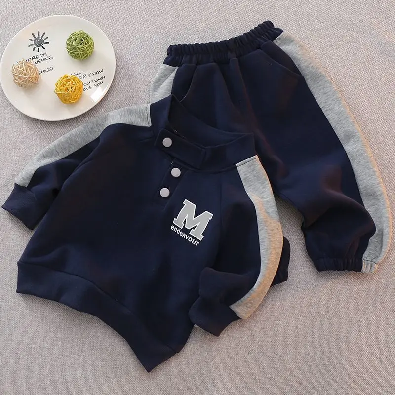 Baby Boys 2Pcs Color Block Tracksuit Letter M Print Half Button Stand Collar Sweatshirt Side Stripe Jogger Pants Kids Outfit Set